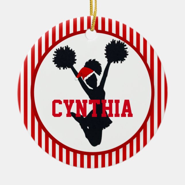 Red and White Christmas Cheerleader In Santa Hat Ceramic Tree Decoration (Front)