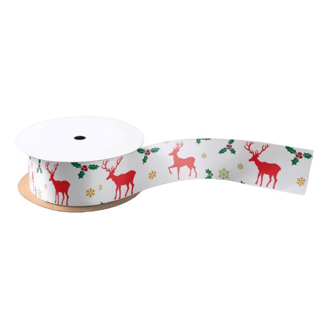 Red and White Christmas Deer 1.5 Inch Satin Ribbon (Spool)
