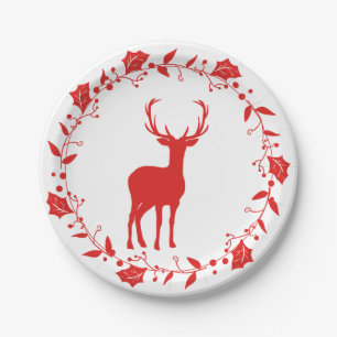 Red and White Christmas Deer Paper Plate
