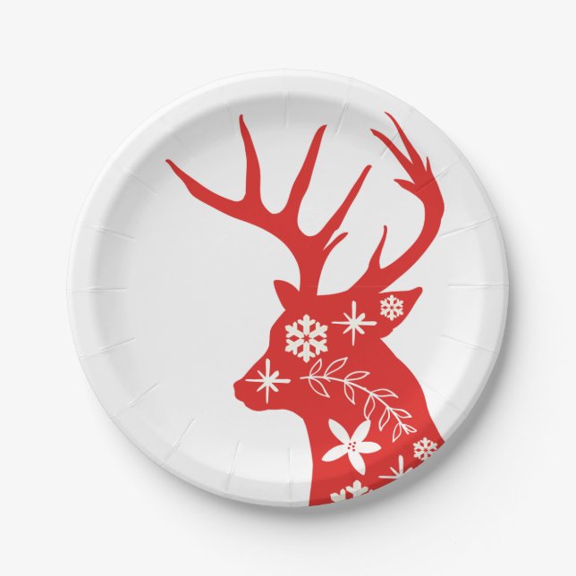 Red and White Christmas Deer Paper Plate (Front)