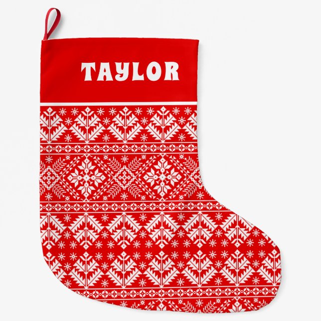 Red and White Christmas Fair Isle Pattern Large Christmas Stocking (Front)