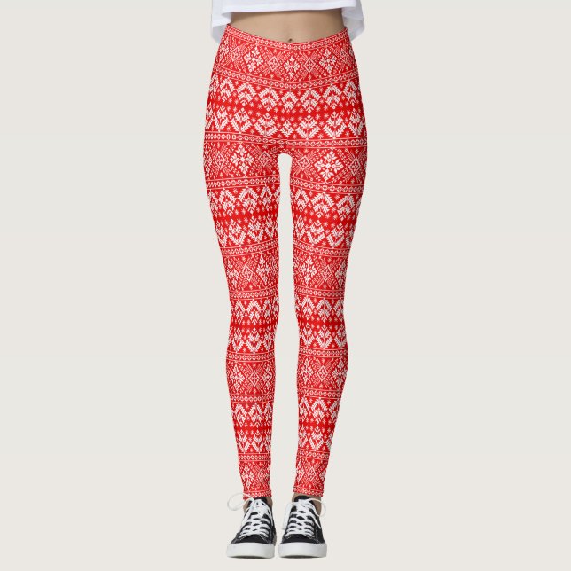Red and White Christmas Fair Isle Pattern Leggings (Front)