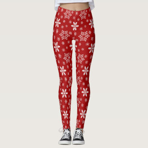 Red and White Christmas Holiday Snowflake Pattern Leggings