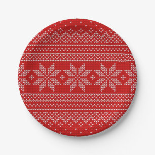 Red and White Christmas knitting pattern Paper Plate