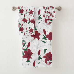 Red and White Christmas Lilies Bath Towel Set