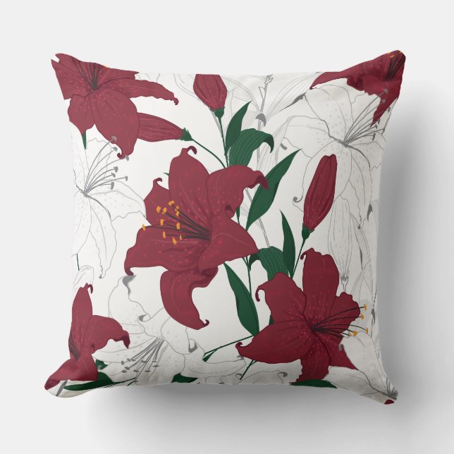 Red and White Christmas Lilies Cushion (Front)