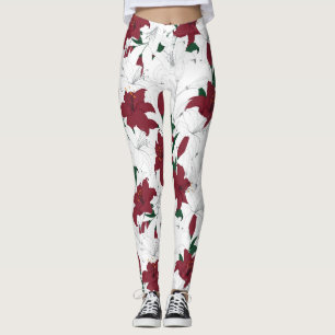 Red and White Christmas Lilies Leggings