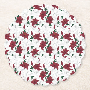 Red and White Christmas Lilies Paper Coaster