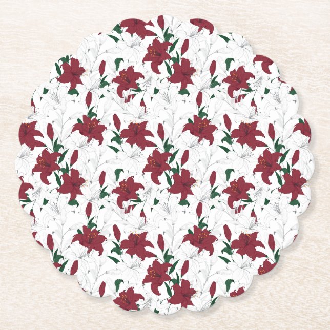 Red and White Christmas Lilies Paper Coaster (Front)