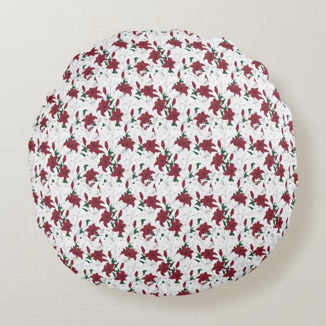 Red and White Christmas Lilies Round Cushion (Front)