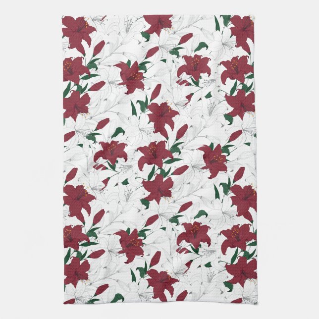 Red and White Christmas Lilies Tea Towel (Vertical)
