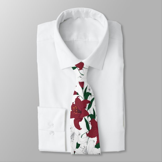 Red and White Christmas Lilies Tie (Tied)