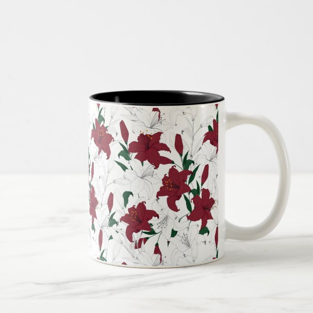 Red and White Christmas Lilies Two-Tone Coffee Mug (Right)