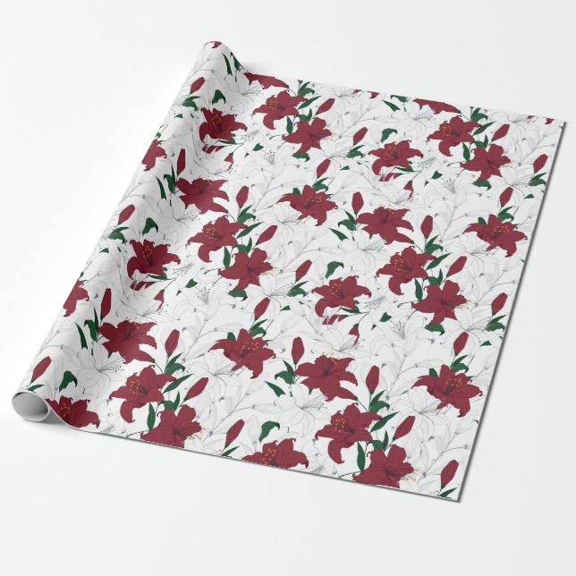 Red and White Christmas Lilies Wrapping Paper (Unrolled)