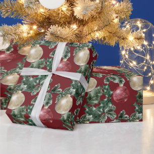 Red and White Christmas Ornaments and Greenery Wrapping Paper
