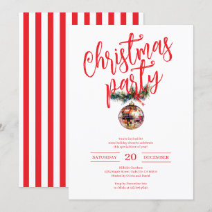 Red and White Christmas Party Disco Ball Invitation