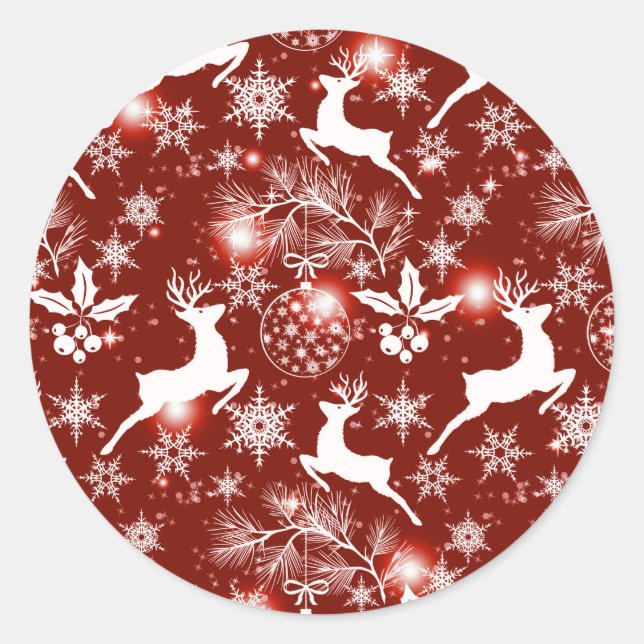 Red and white Christmas pattern with reindeer Classic Round Sticker (Front)