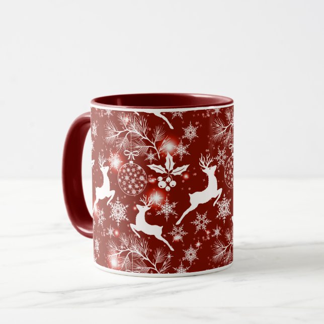 Red and white Christmas pattern with reindeer Mug (Front Left)