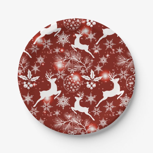 Red and white Christmas pattern with reindeer Paper Plate (Front)