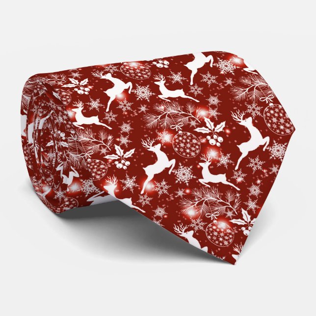 Red and white Christmas pattern with reindeer Tie (Rolled)