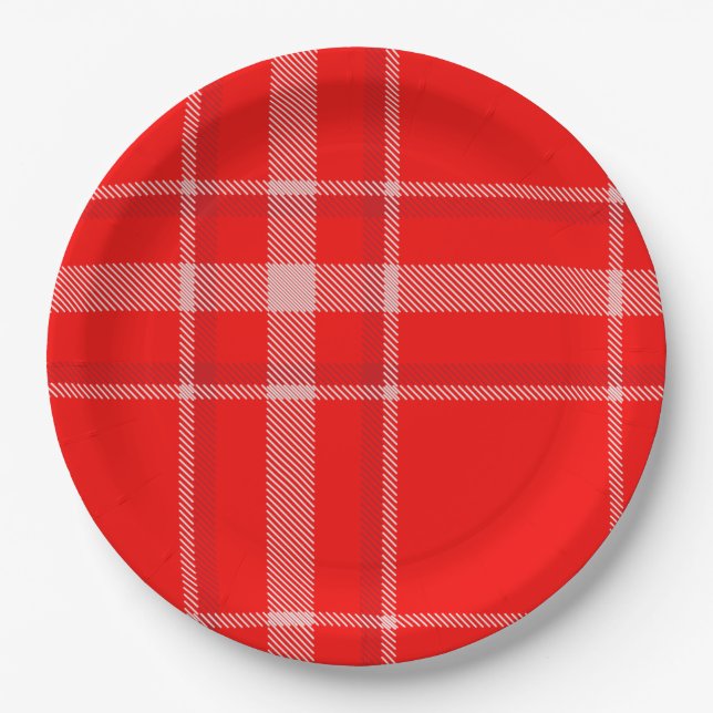 Red and White Christmas Plaid Festive Paper Plate (Front)