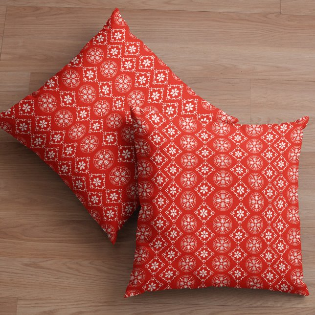 Red and White Christmas Snowflake Pattern Cushion (Simple holiday red snowflake pattern throw pillow)
