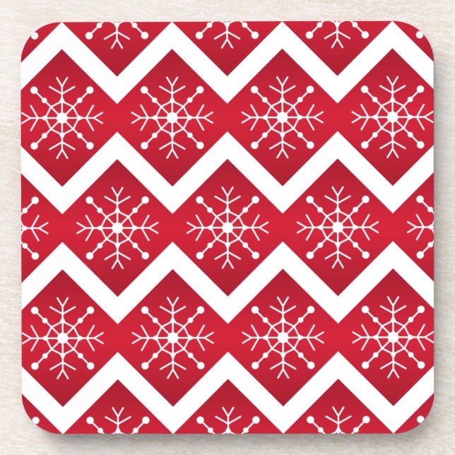 Red and White Christmas Snowflakes Chevron Pattern Coaster (Front)