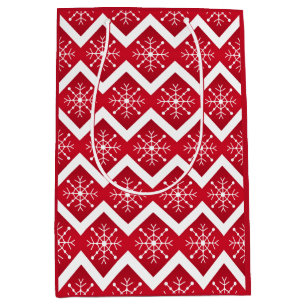 Red and White Christmas Snowflakes Chevron Pattern Medium Gift Bag