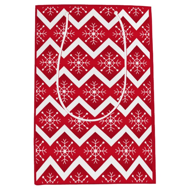 Red and White Christmas Snowflakes Chevron Pattern Medium Gift Bag (Front)