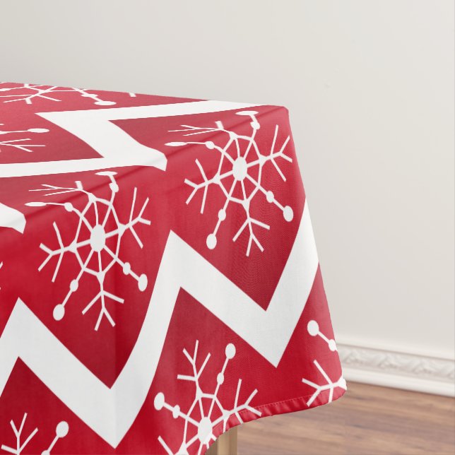 Red and White Christmas Snowflakes Chevron Pattern Tablecloth (In Situ)