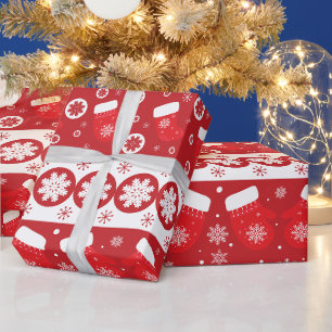 Red and White Christmas Stockings and Mittens Wrapping Paper