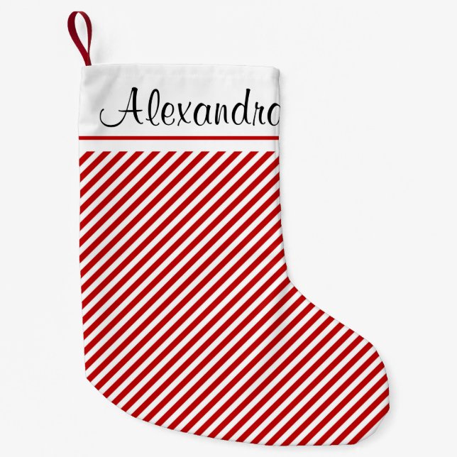 Red and White Christmas Stripe Pattern Monogram Small Christmas Stocking (Front)