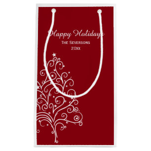Red and White Christmas Tree Happy Holidays Small Gift Bag
