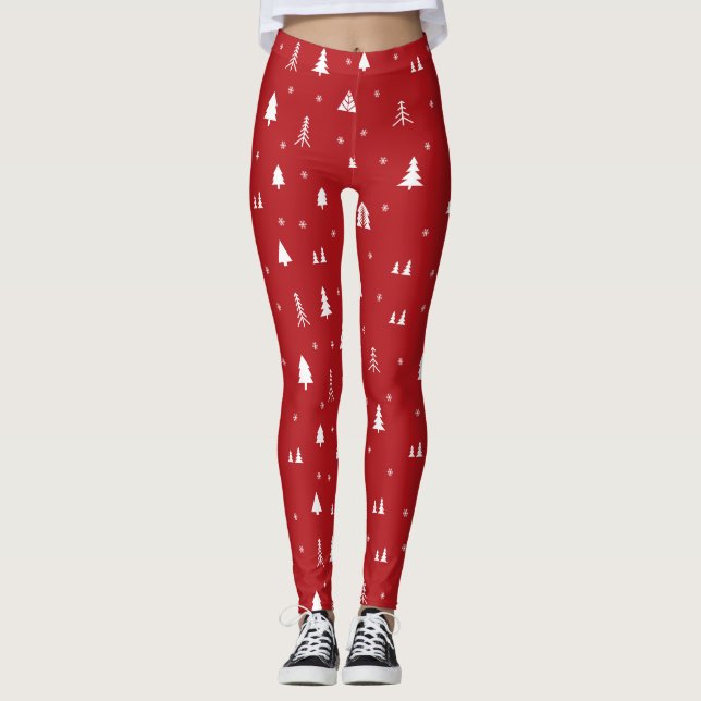 Red And White Christmas Tree Snow Flakes Leggings (Front)