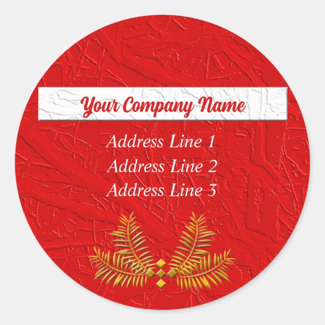Red and White Classic Business Address Classic Round Sticker (Front)