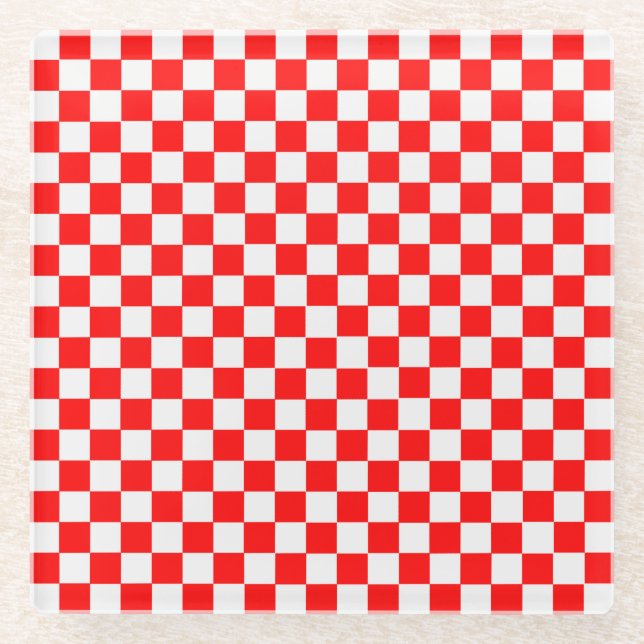 Red And White Classic Checkerboard by STaylor Glass Coaster (Front)