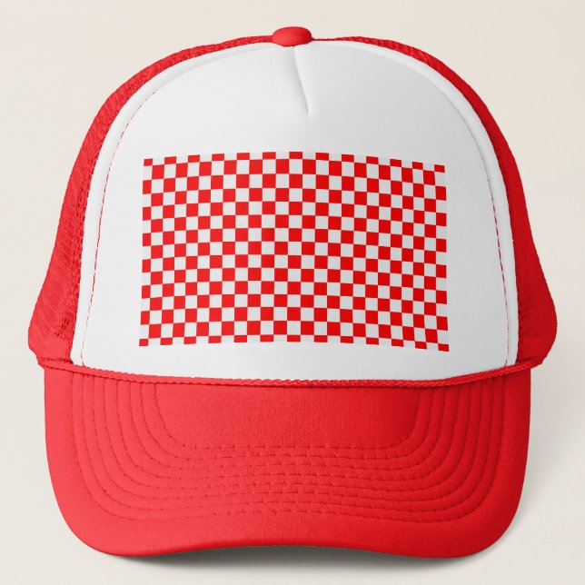Red And White Classic Chequerboard Trucker Hat (Front)