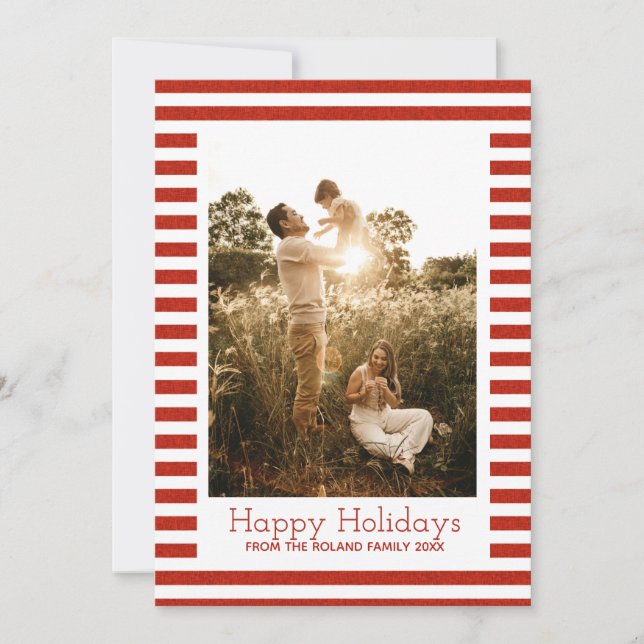 Red and White Classic Christmas Stripes Photo Holiday Card (Front)