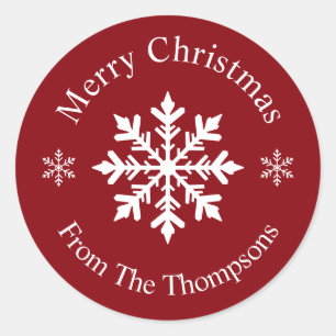 Red And White Classic Snowflake Merry Christmas Round Sticker