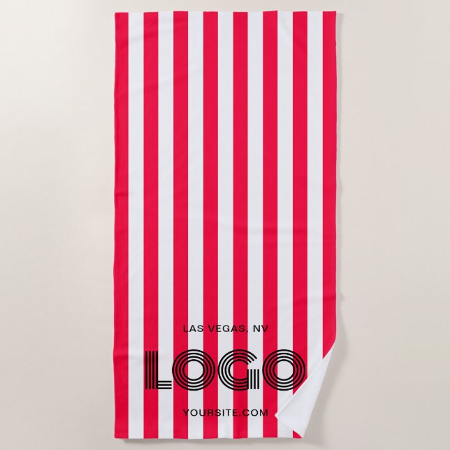 Red and White Classic Stripe Logo Beach Towel (Front)