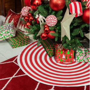 Red and White Concentric Circles Faux Linen Tree Skirt
