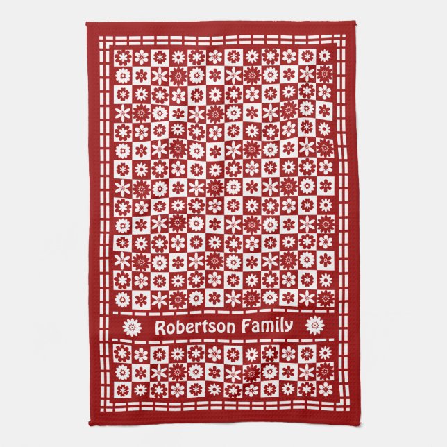 Red and White Country Classic Retro Flower Checks Tea Towel (Vertical)