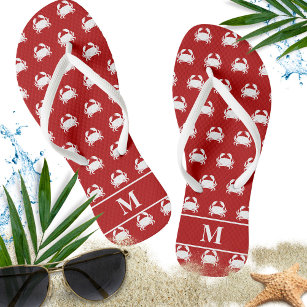 Red and White Crab Pattern Nautical Personalise Flip Flops