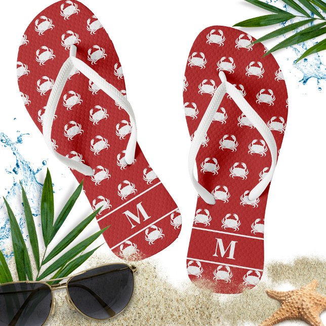 Red and White Crab Pattern Nautical Personalise Flip Flops (monogram with white crab and red background)