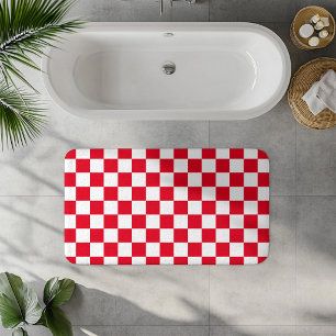 Red and White Croatian Chequered Geometric Pattern Bath Mat