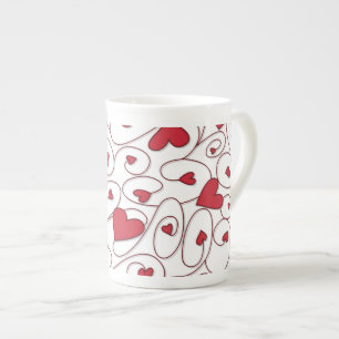 Red and white curly hearts bone china mug