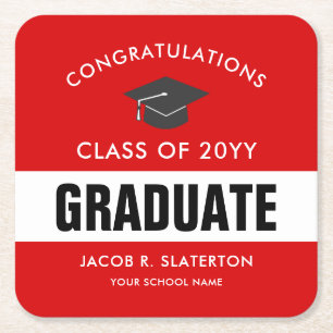 Red and White Custom Graduation  Square Paper Coaster