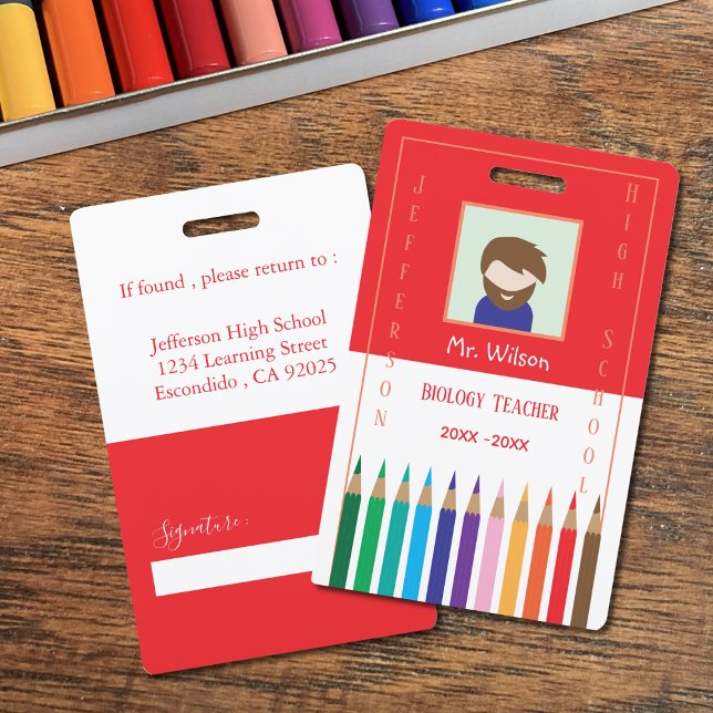 Red and White Custom Teacher Photo ID Badge (Red and white teacher vertical photo ID badge .)
