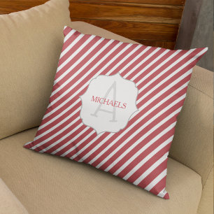 Red and White Cute Monogram Name Custom Cushion