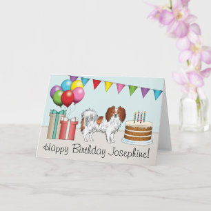 Red And White Cute Phalène Dog Colourful Birthday Card